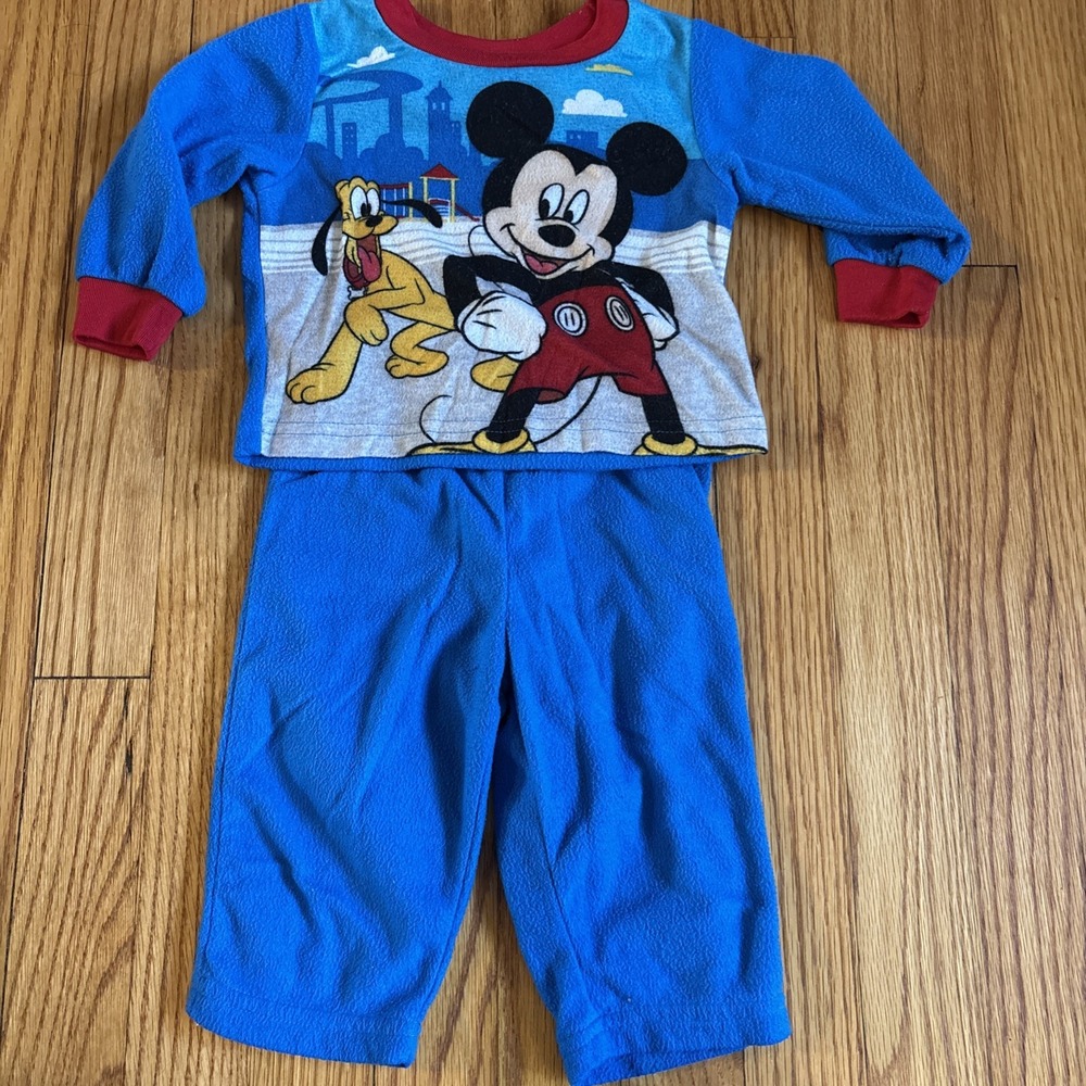 Disney SZ 12M Toddler Boys Mickey Mouse And Pluto 2PC Pajama Set Blue Red‎